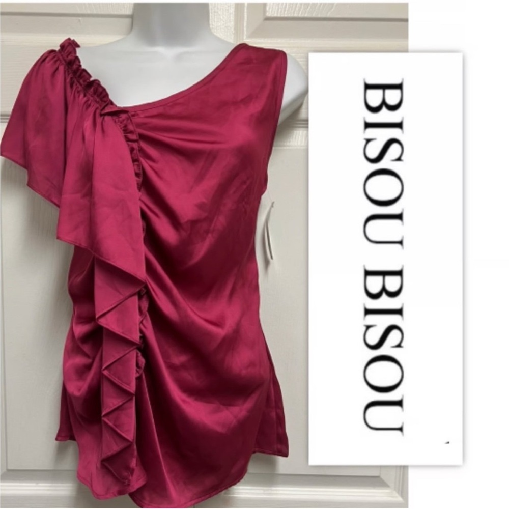 ❣️BISOU  Fuchsia ruffled  asymmetrical sleeves, stunning Blouse /top NWT